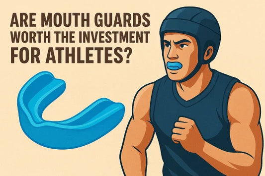 A determined athlete in sports gear wearing a blue mouthguard.