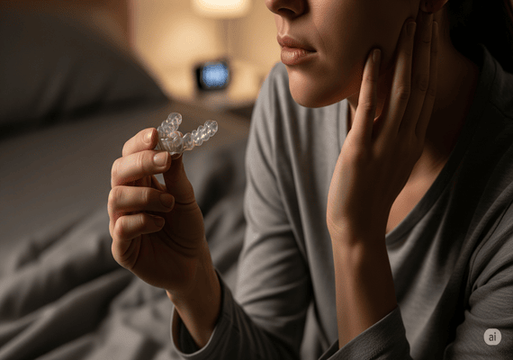 A woman holding a night guard, ready to wear it