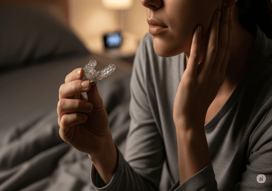 A woman holding a night guard, ready to wear it