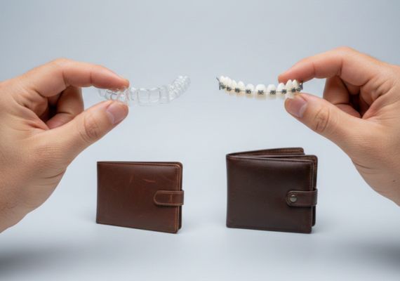 A hand holding a clear aligner tray, and another hand holding metal braces