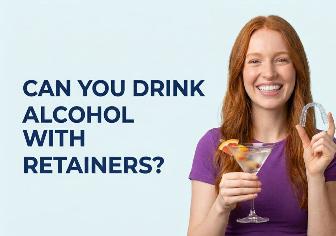 Smiling woman holding a cocktail in one hand and a clear retainer in the other.
