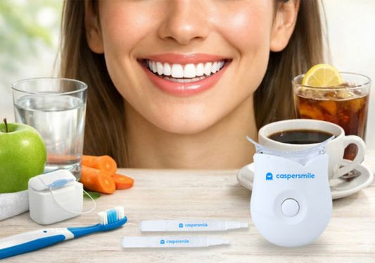An image shows the Caspersmile Teeth Whitening Kit and other essentials for removing coffee, tea, and tobacco stains.