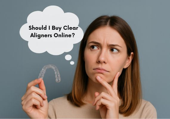 An image of a girl thinking: Should I buy aligners online
