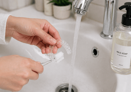 A person cleaning aligners using a soft brush and mild soap