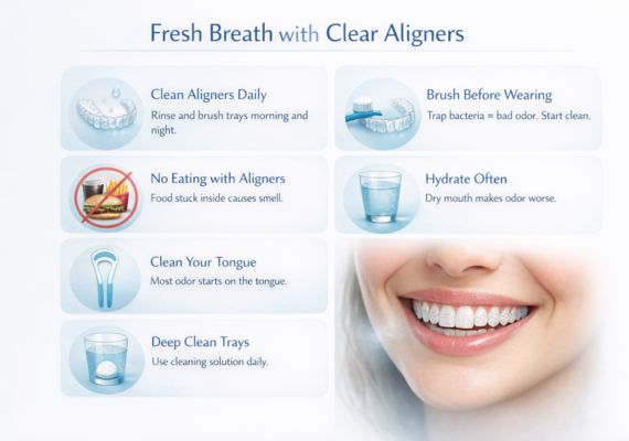 An infographic outlining essential tips for fresh breath while wearing clear aligners.
