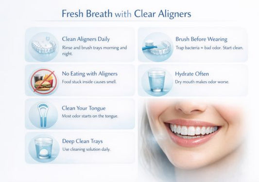An infographic outlining essential tips for fresh breath while wearing clear aligners.