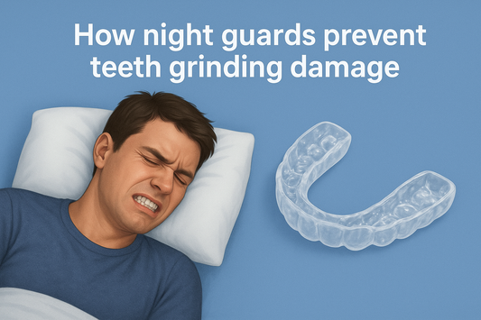 Man grinding teeth while sleeping next to a transparent night guard with text explaining how night guards prevent teeth grinding damage 