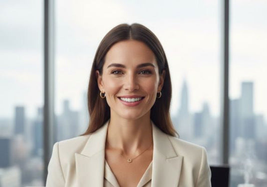 A smiling professional woman in an office setting wearing clear aligners.