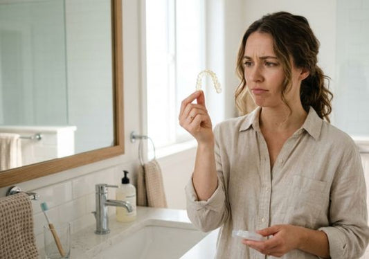 A young adult inspects a slightly discolored and odorous clear aligner.