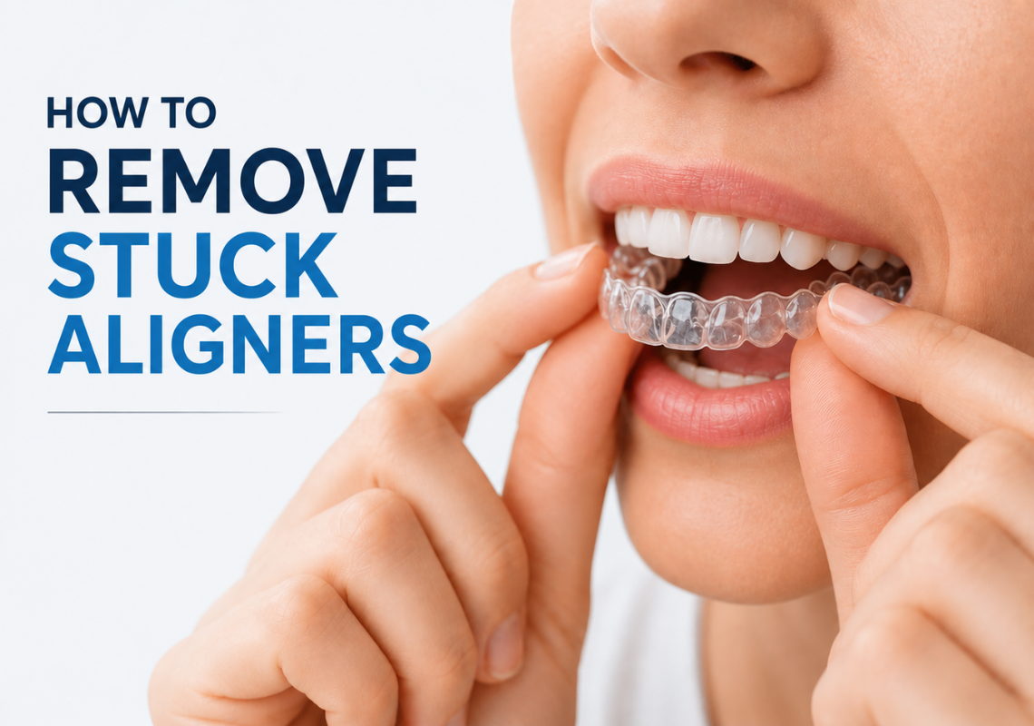A person gently removing a clear aligner, with the title displayed on a clean background.