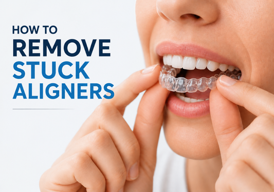 A person gently removing a clear aligner, with the title displayed on a clean background.