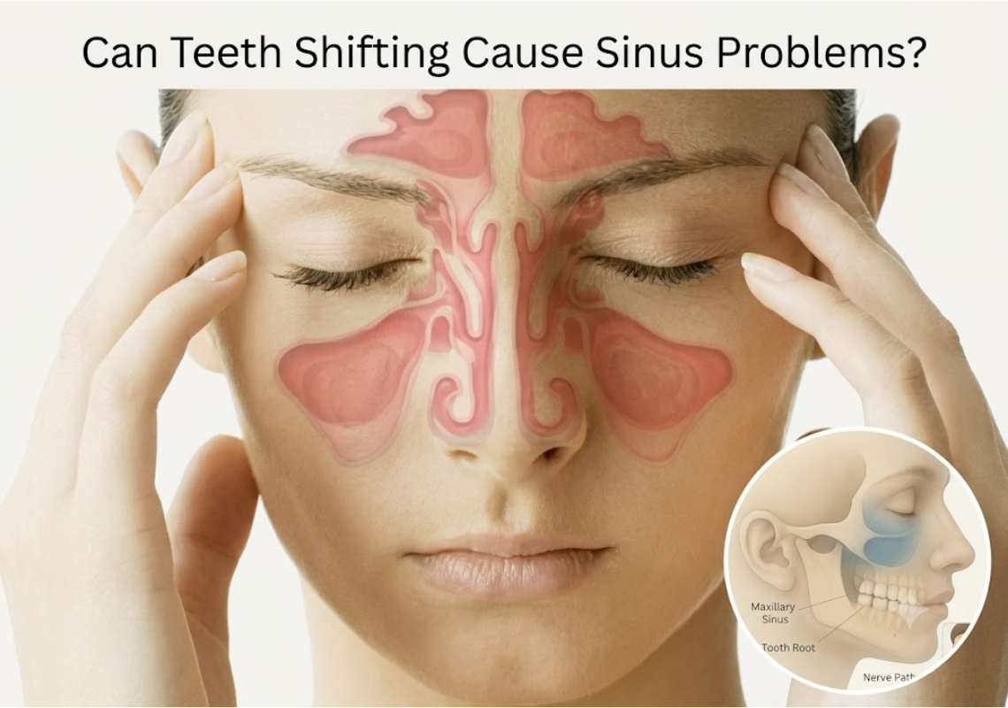  Image of a woman with sinus pain, showing the proximity of tooth roots to the maxillary sinus. 