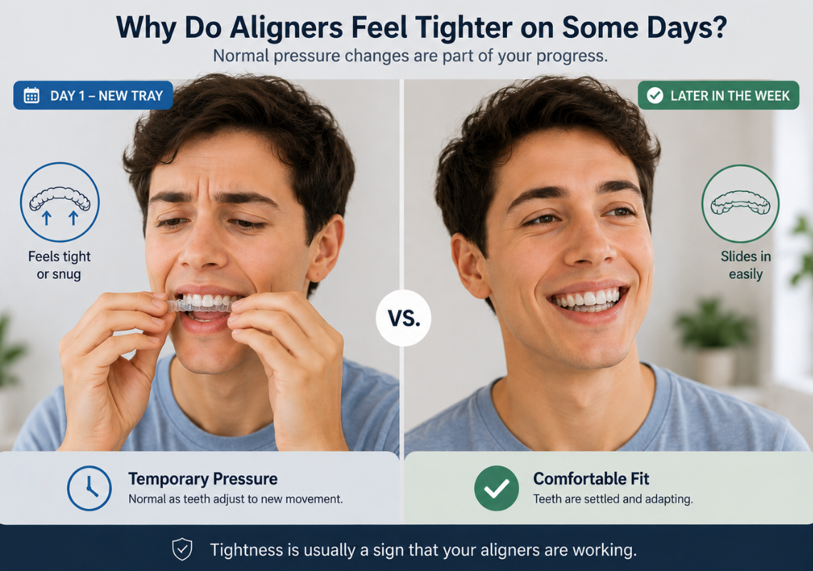 A comparison showing a person wearing clear aligners on Day 1 versus later in the week. 