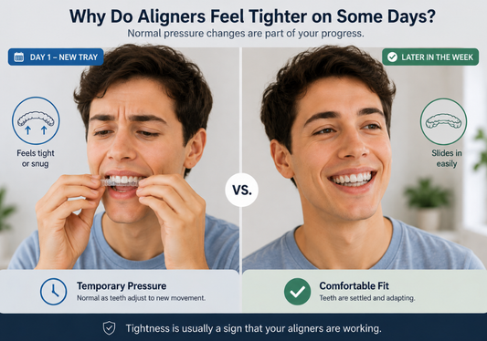 A comparison showing a person wearing clear aligners on Day 1 versus later in the week. 