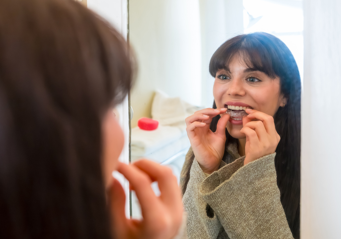Woman inserting a clear aligner for invisible orthodontic treatment