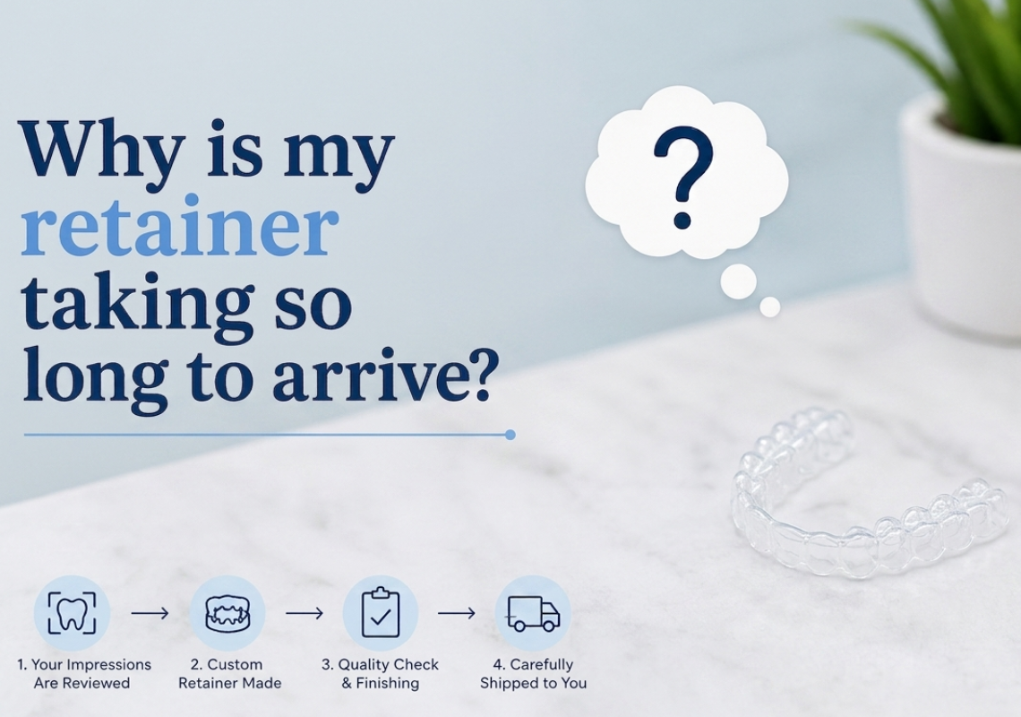 Clear dental retainer on a counter with text about retainer shipping steps.