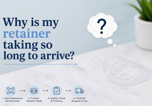 Clear dental retainer on a counter with text about retainer shipping steps.