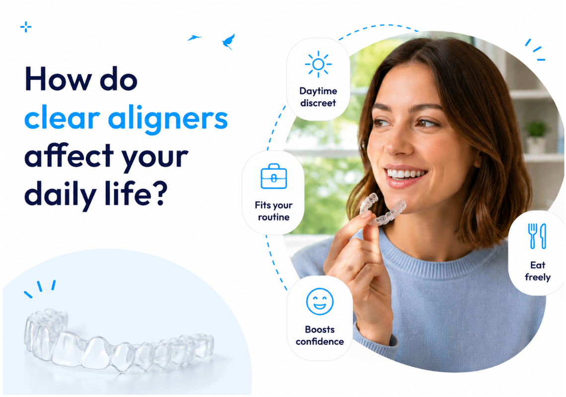  A smiling woman with a side pose holding a clear aligner in her hand.