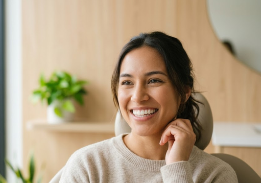 The woman is smiling confidently with straight teeth 