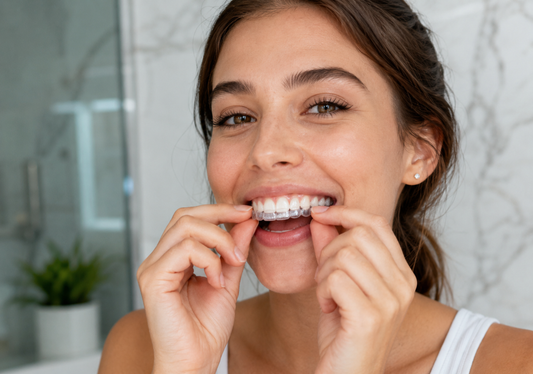 Girl wearing clear aligners with healthy gums and clean teeth during orthodontic treatment 