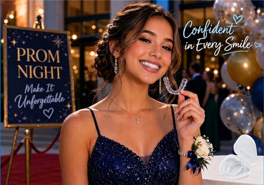 Teen girl holding clear aligners in prom attire, smiling confidently before a school dance.