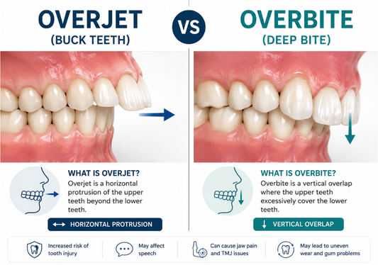  Dental illustration comparing overjet and overbite, showing horizontal protrusion and vertical overlap. 