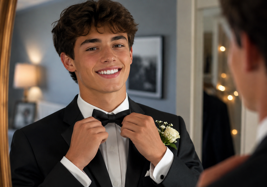 Teen in tuxedo adjusting bow tie while smiling before prom