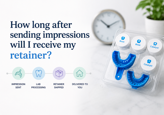 Dental impression kit showing the retainer order timeline from mailing to delivery.