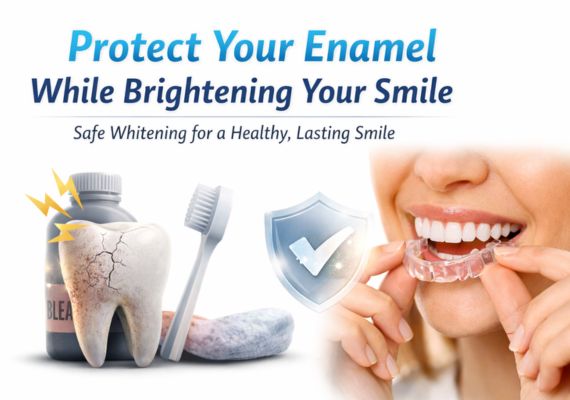 Smiling woman with cracked tooth and toothbrush on a white background