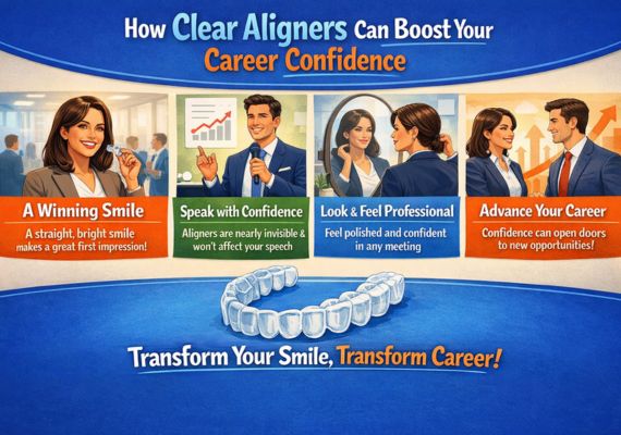 An image shows clear aligners boost career confidence with an improved smile.
