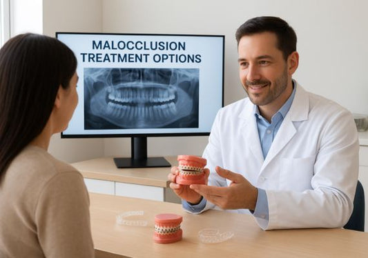 A dentist discussing malocclusion treatment options with a patient